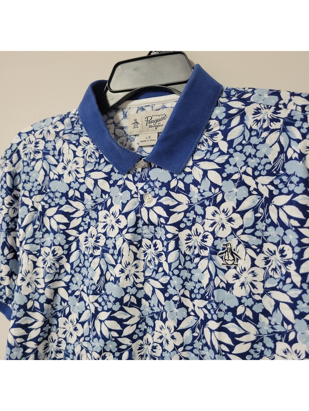 Original Penguin Polo Shirt Mens Large Blue Floral Cotton Short Sleeve Casual